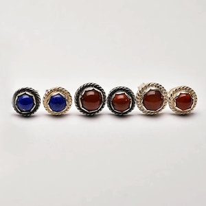 Handmade Sterling Silver Gemstone Stud Earrings Vintage, Green Onyx, Black Onyx, Lapis Lazuli, Red Onyx, Assorted Gemstone Wire Base Jewelry