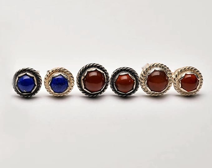 Handmade Sterling Silver Gemstone Stud Earrings Vintage, Green Onyx, Black Onyx, Lapis Lazuli, Red Onyx, Assorted Gemstone Wire Base Jewelry