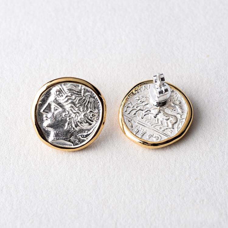 24k Gold Plated Sterling Silver Greek Coin Stud Earrings Ancient 24k Gold Plated Sterling Silver Greek Coin Stud Earrings Ancient