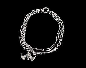 Sterling Silver Bat Charm Bracelet – Handmade Gothic Halloween Jewelry with Bone Detail, Vampire Bracelet