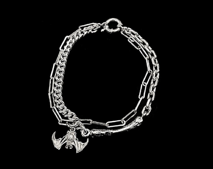 Sterling Silver Bat Bracelet | Gothic Vampire Charm Bracelet | Handmade Halloween Jewelry | Bracelet With Bone Charm for Men and Women