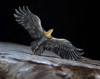 Sterling Silver Flying Eagle Pendant Necklace – Handmade Hawk Jewelry with 18k Gold Accent
