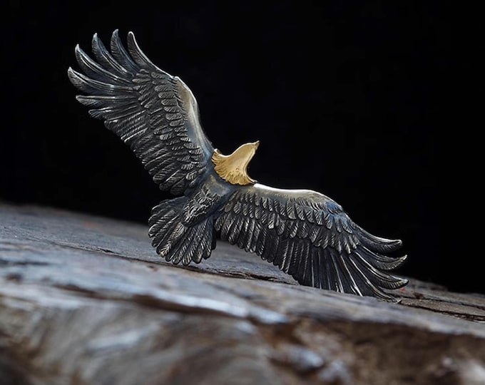 Sterling Silver Flying Eagle Necklace Pendant, 18k Solid Gold Eagle Head Pendant, Winged Hawk Jewelry for Men and Women, Handmade Bald Eagle