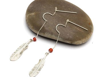 Silver Feather Threader Earrings | Boho Dangle Earrings with Red Beads | Lightweight Bohemian Jewelry | Nature-Inspired Feather Earrings