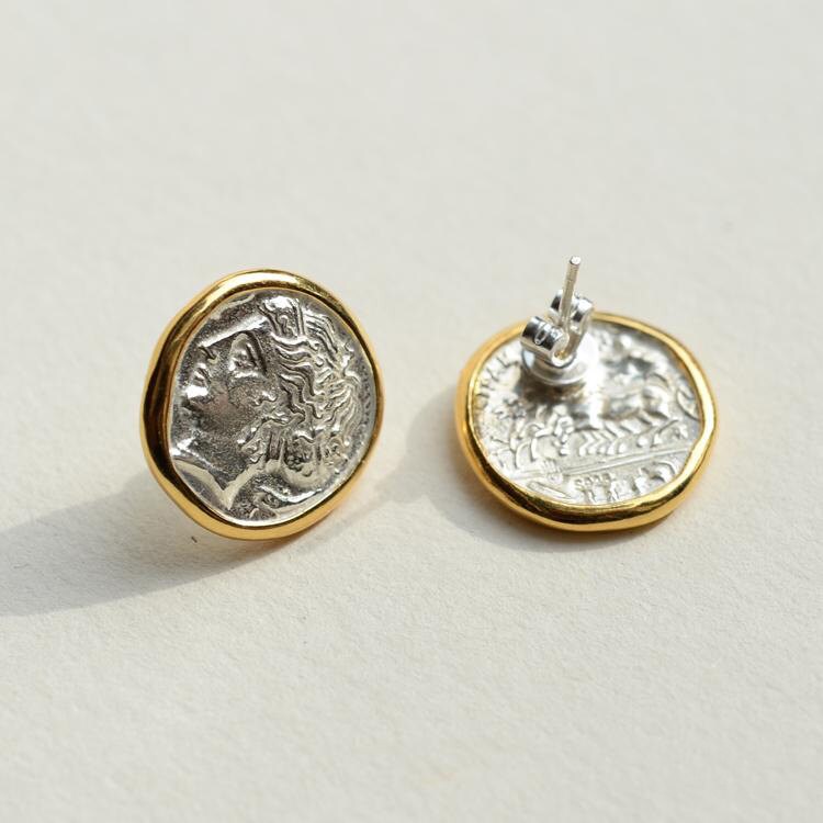 24k Gold Plated Sterling Silver Greek Coin Stud Earrings Ancient 24k Gold Plated Sterling Silver Greek Coin Stud Earrings Ancient