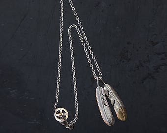 Sterling Silver Eagle Feather Necklace, Handmade Long Chain with Double Feather Charms for Men, Boho Tribal Style Pendant, Layering Necklace