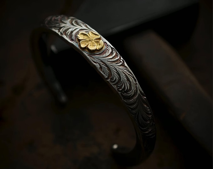 Handmade Sterling Silver Eagle Cuff Bracelet, 18K Gold Rose Flower, Intricate Engravings, Floral Bangle, Eagle Head Cuff for Men and Women