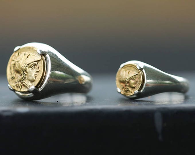 Greek Coin Signet Ring - 18K Gold Athena Coin Ring for Men and Women | Chunky Silver and Gold Ring |Ancient Greek Jewelry Vintage Style Ring