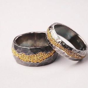 Two-Tone Silver and Gold Hammered Band Ring | Unique Textured Wedding Ring | 925 Sterling Silver with AU999 24K Solid Gold |Rustic Mens Band