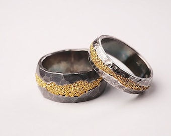 Two-Tone Hammered Sterling Silver and 24k Gold Band Ring – Handmade Rustic Wedding Ring Textured