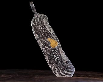 Handmade Sterling Silver Eagle Pendant with 24k Gold Accent, Unique Engraved Feather Pendant, Silver Hawk Pendant Necklace, Wildlife Jewelry