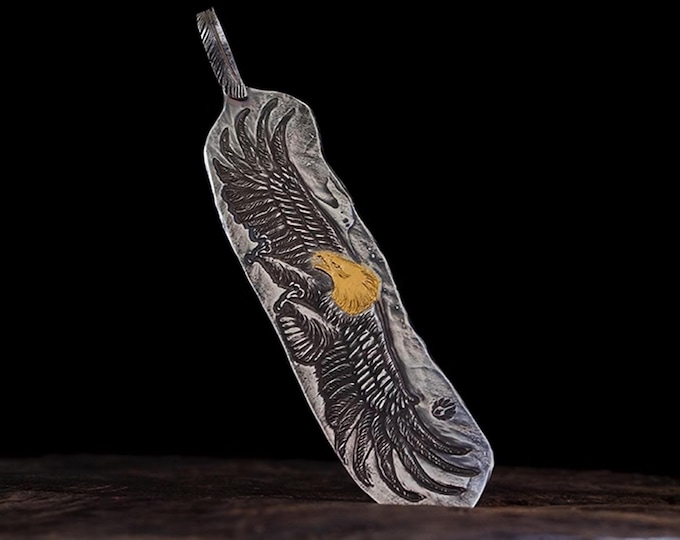 Handmade Sterling Silver Eagle Pendant with 24k Gold Accent, Unique Engraved Feather Pendant, Silver Hawk Pendant Necklace, Wildlife Jewelry