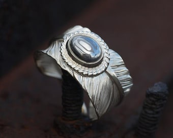 Silver Feather Ring | Feather Wrap Ring | Damascus Steel Ring | Ethnic Silver Ring | Silver Wrap Ring | Unisex Gemstone Ring | Bohemian Ring