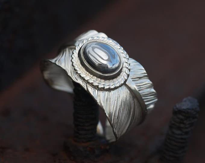 Silver Feather Ring | Feather Wrap Ring | Damascus Steel Ring | Ethnic Silver Ring | Silver Wrap Ring | Unisex Gemstone Ring | Bohemian Ring