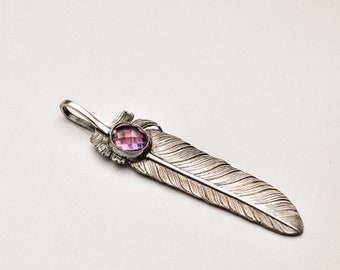 Amethyst Feather Pendant – Sterling Silver Crystal Necklace, Boho Purple Gemstone Jewelry, Native American