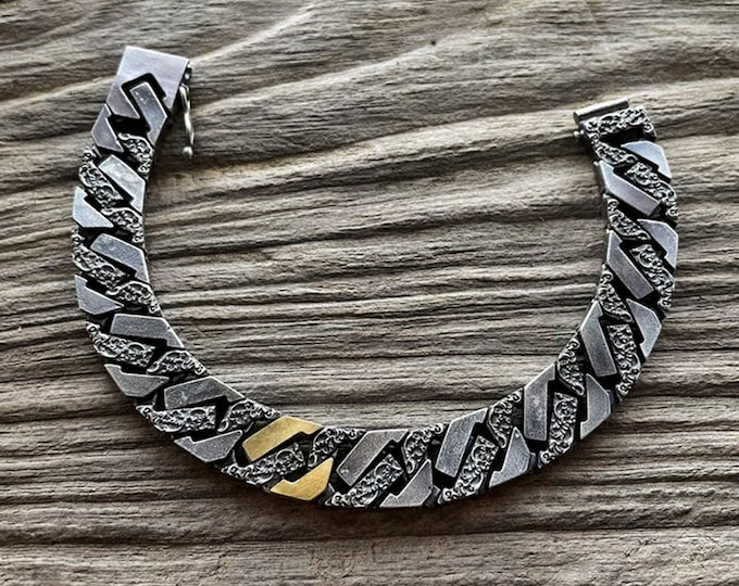 Handmade Silver Cuban Link Chain Bracelet for Men, Oxidized Vintage Look, 18K Gold Stylish Chunky Chain Bracelet, Minimalist Mens Jewelry