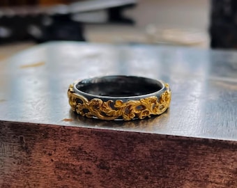 18k Solid Gold Floral Ring – Sterling Silver Baroque Wedding Band, Handmade Rococo Style Jewelry