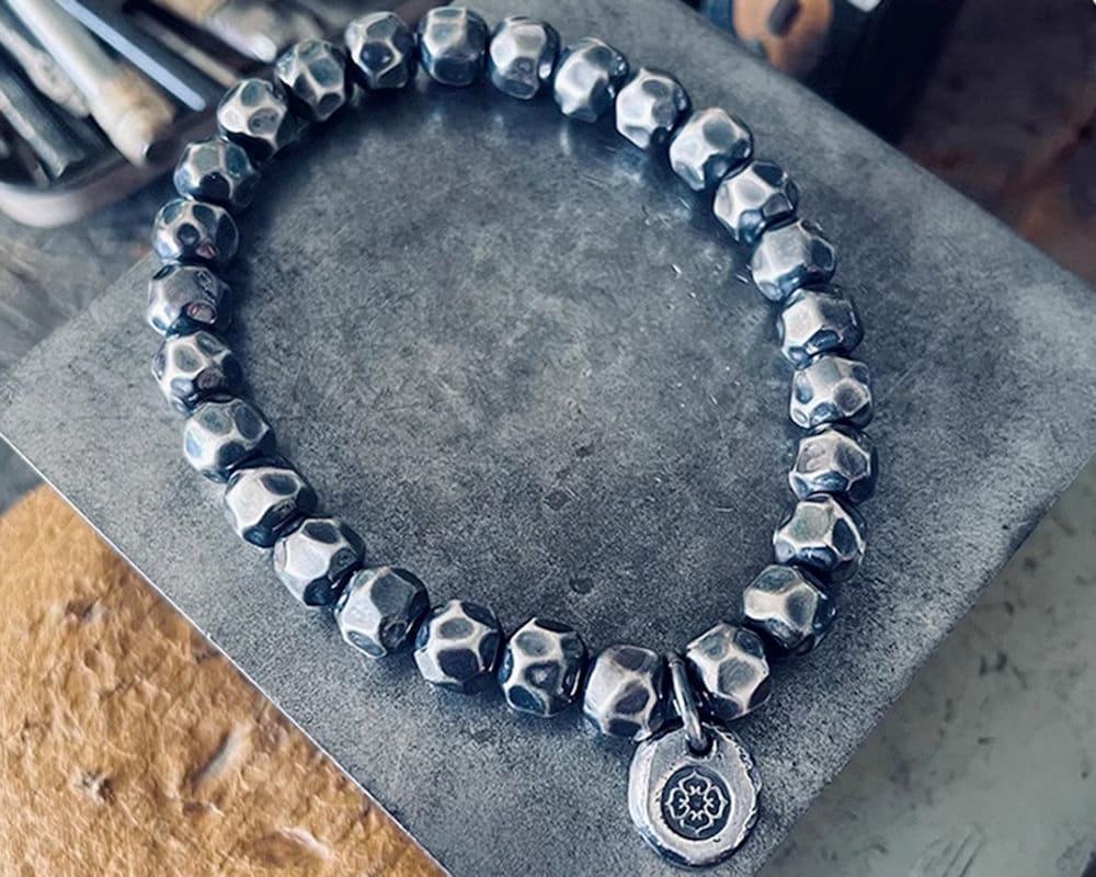 Sterling Silver Beads Bracelet, Hammered Bracelet For Him