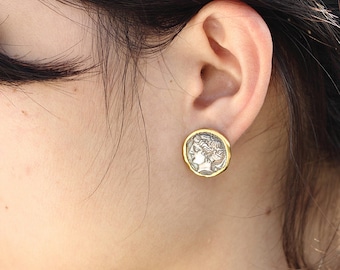 Ancient Greek Coin Stud Earrings | 24K Gold-Plated Silver Coin Jewelry | Large Two-Tone Studs |Greek History Inspired Earrings |Gift for Her