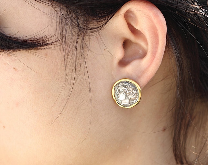 Ancient Greek Coin Stud Earrings | 24K Gold-Plated Silver Coin Jewelry | Large Two-Tone Studs |Greek History Inspired Earrings |Gift for Her