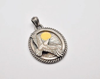 Sterling Silver Eagle Pendant with 24K Gold Sun | Handcrafted Native American Style | Realistic Flying Eagle Necklace for Men | Gift for Him
