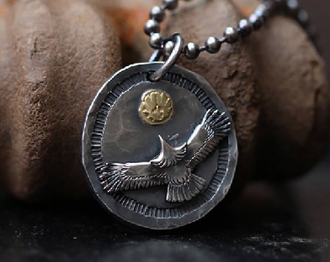 Silver Eagle Pendant | Oxidized Silver Pendant | Flying Bird Pendant | 18K Gold Eagle Charm | Hammered Pendant | Two Tone Pendant Disk Mens