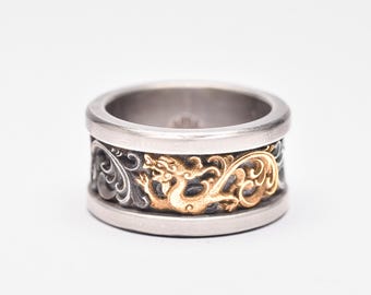 Handmade Sterling Silver Dragon Ring – 18k Gold Inlay Statement Band for Men and Women