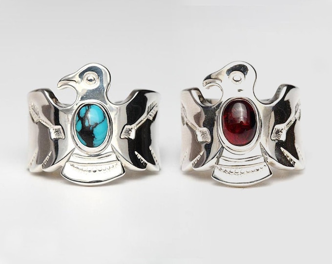 Silver Thunderbird Ring with Turquoise and Garnet | Native American Inspired Ring | Sterling Silver Tribal Jewelry | Handmade Artisan Gift