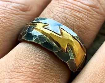 Limited Steal Deals, Handmade Silver Ring – 24k Solid Gold Lightning Bolt Hammered Band Thunderbolt