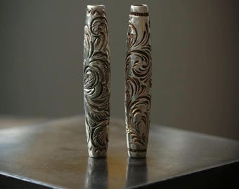 Handmade Sterling Silver Tube Beads, Intricately Floral Engraved Spacer Beads, Jewelry Making Supplies, Artisan Silver Beads Decorative