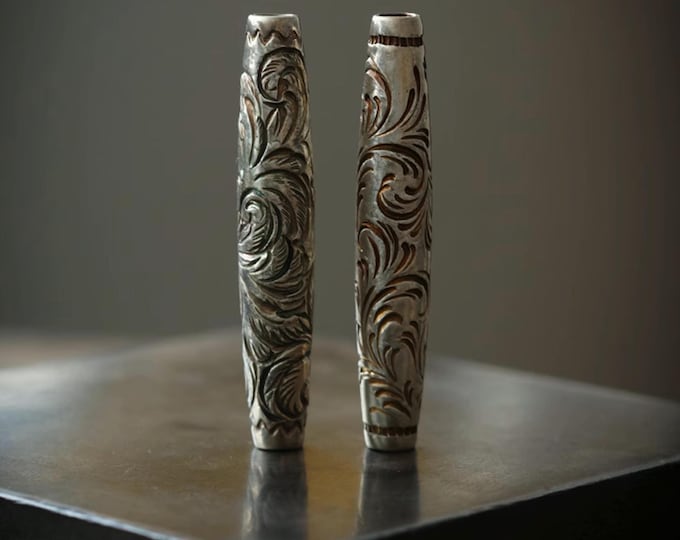 Handmade Sterling Silver Tube Beads, Intricately Floral Engraved Spacer Beads, Jewelry Making Supplies, Artisan Silver Beads Decorative