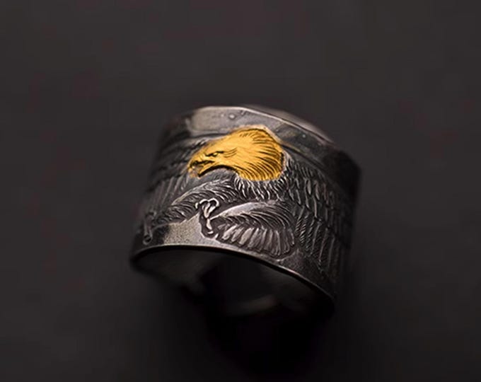 Sterling Silver Eagle Cuff Ring, AU999 24K Gold Eagle Head, Feather Engraved Adjustable Ring, Handmade Nature-Inspired Jewelry, Hawk Ring