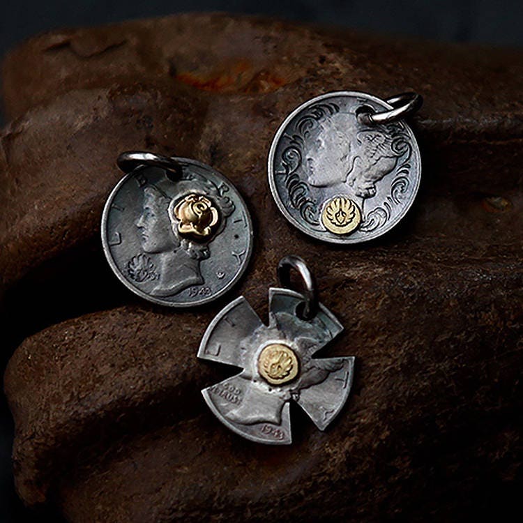 Oxidized Silver Coin Pendant Vintage Authentic Oxidized Silver Coin Pendant Vintage Authentic Jewelry 18k Gold Charm Mercury Dime Mens