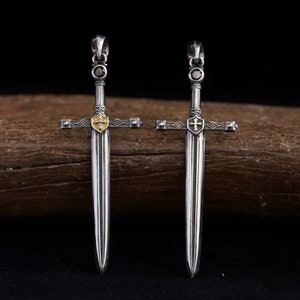 Sterling Silver Sword Pendant For Men Silver Dagger Pendant Medieval Sword Jewelry Warrior Necklace Cross Charm Gold Dagger Necklace image 1