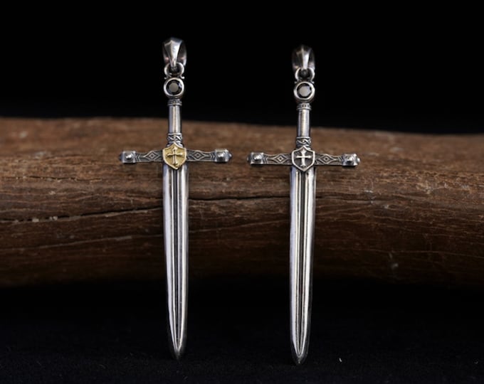 Sterling Silver Sword Pendant for Men | Cross Shield Necklace | Warriors Symbol | Viking Medieval Style Jewelry Gift | Gold Dagger Necklace