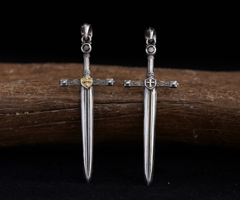 Sterling Silver Sword Pendant For Men Silver Dagger Pendant Medieval Sword Jewelry Warrior Necklace Cross Charm Gold Dagger Necklace image 1