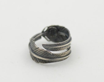 Bohemian Feather Ring in Sterling Silver | Adjustable Nature-Inspired Band |Rustic Oxidized Finish Feather Wrap Ring |Gift for Men and Women
