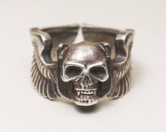 Sterling Silver Skull Ring With Wings Biker Gothic Ring for Men