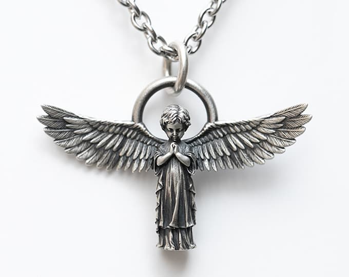 Praying Angel Necklace Sterling Silver | Angel Pendant Necklace | Wings Necklace |Sterling Silver Angel Jewelry Guardian Necklace Protection