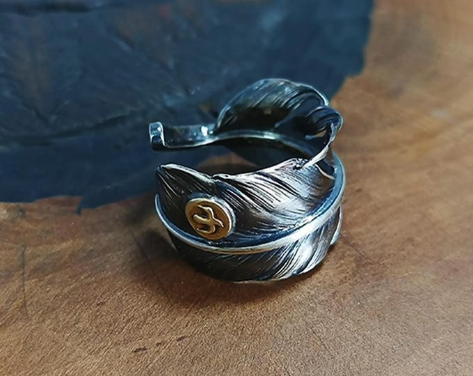 Sterling Silver Feather Wrap Ring | Adjustable Boho Feather Ring with Gold Accent | Thunderbird Ring | Handmade Nature-Inspired Jewelry Gift