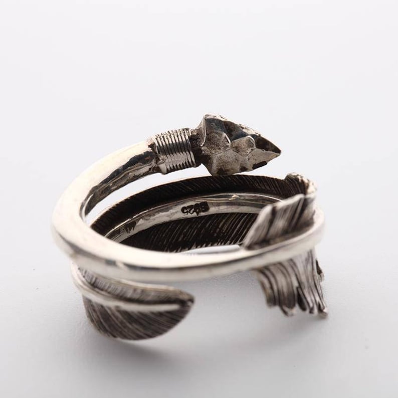 silver arrow ring sterling silver feather ring, Native America Indian jewelry, boho rings for women, unisex jewelry, red tailed hawk totem image 5