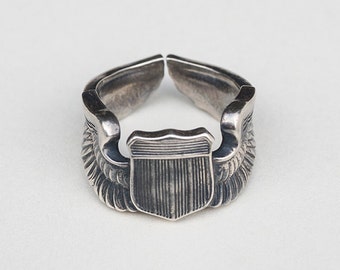 Sterling Silver Pilot Ring | WWII Vintage Shield Ring | Military-Inspired Jewelry |Adjustable Winged Ring for USAF |Military Retirement Gift