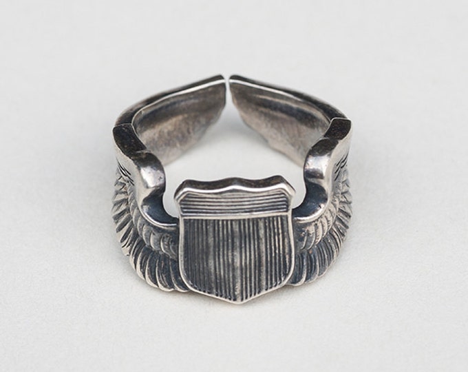 Sterling Silver Pilot Ring | WWII Vintage Shield Ring | Military-Inspired Jewelry |Adjustable Winged Ring for USAF |Military Retirement Gift