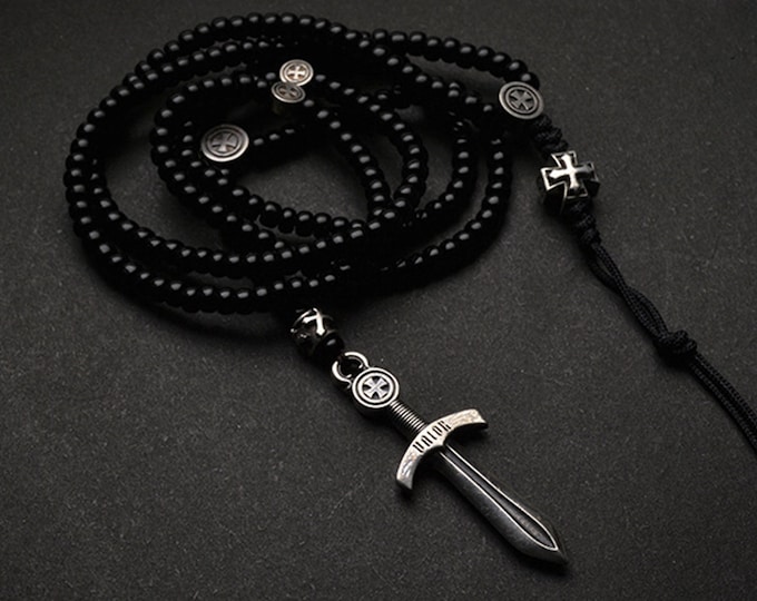 Sword Necklace For Men | Warrior Necklaces | Silver Dagger Necklace Men | Excalibur Necklace For Him |Black Glass Beads Necklace Cross Charm