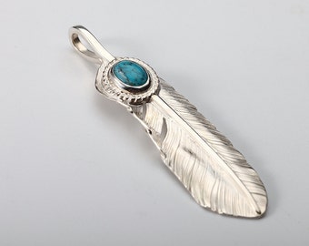 Sterling Silver Feather Pendant with Turquoise Gemstone Pendant |Native American Inspired Jewelry |Boho Feather Necklace Charm |Gift For Her