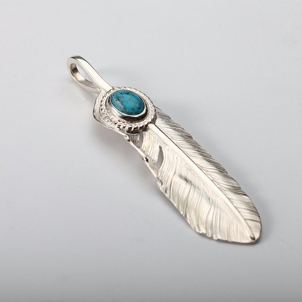 Silver Feather Pendant | Native American Inspired | Small Feather Charm | Turquoise Gemstone Pendant | Feather Necklace Charm | Gift for Her