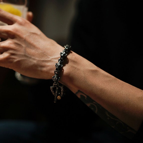 スターリングシルバーのスカルチェーンブレスレット - ライオンヘッド