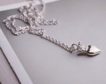 Sterling Silver Crown Heart Necklace – Handmade Delicate Pendant, Romantic Everyday Jewelry Gift for Women