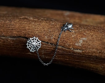 Sterling Silver Spider Web Earrings | Gothic Spider Chain Studs | Unique Halloween Jewelry | Edgy Web and Spider Ear Chain Spider Jewelry