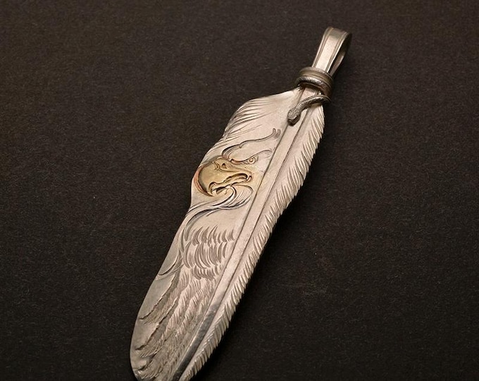 Sterling Silver Feather Pendant with Eagle Engraving and 18K Gold Accent, Handmade Pendant with Forest Details, Feather Jewelry Gift for Him